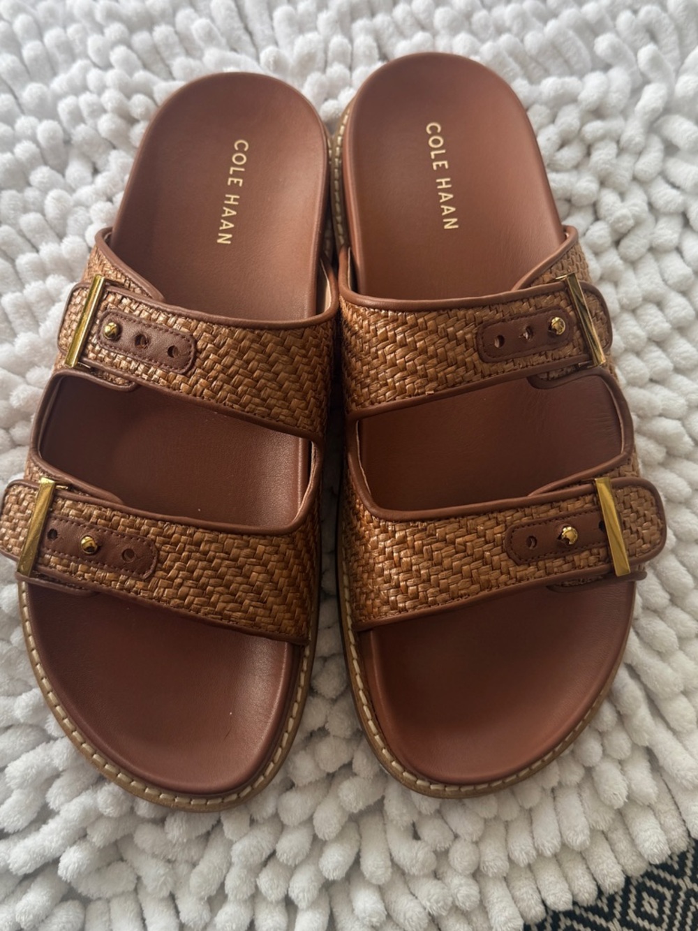 Cole Haan Brown Woven Double-Buckle Slide Sandals